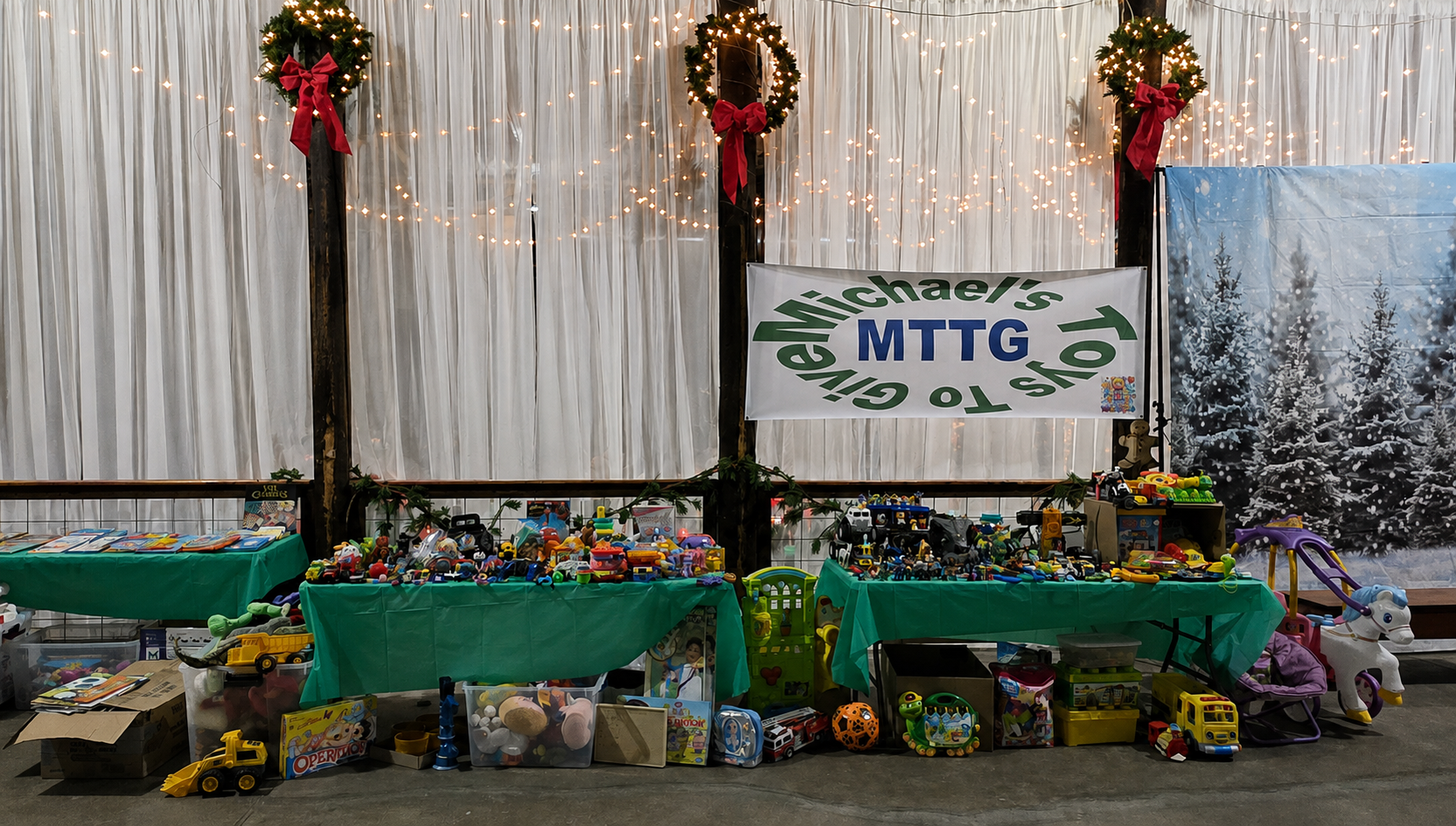 MTTG toy collection and giveaway display at Christmas Time with donated toys